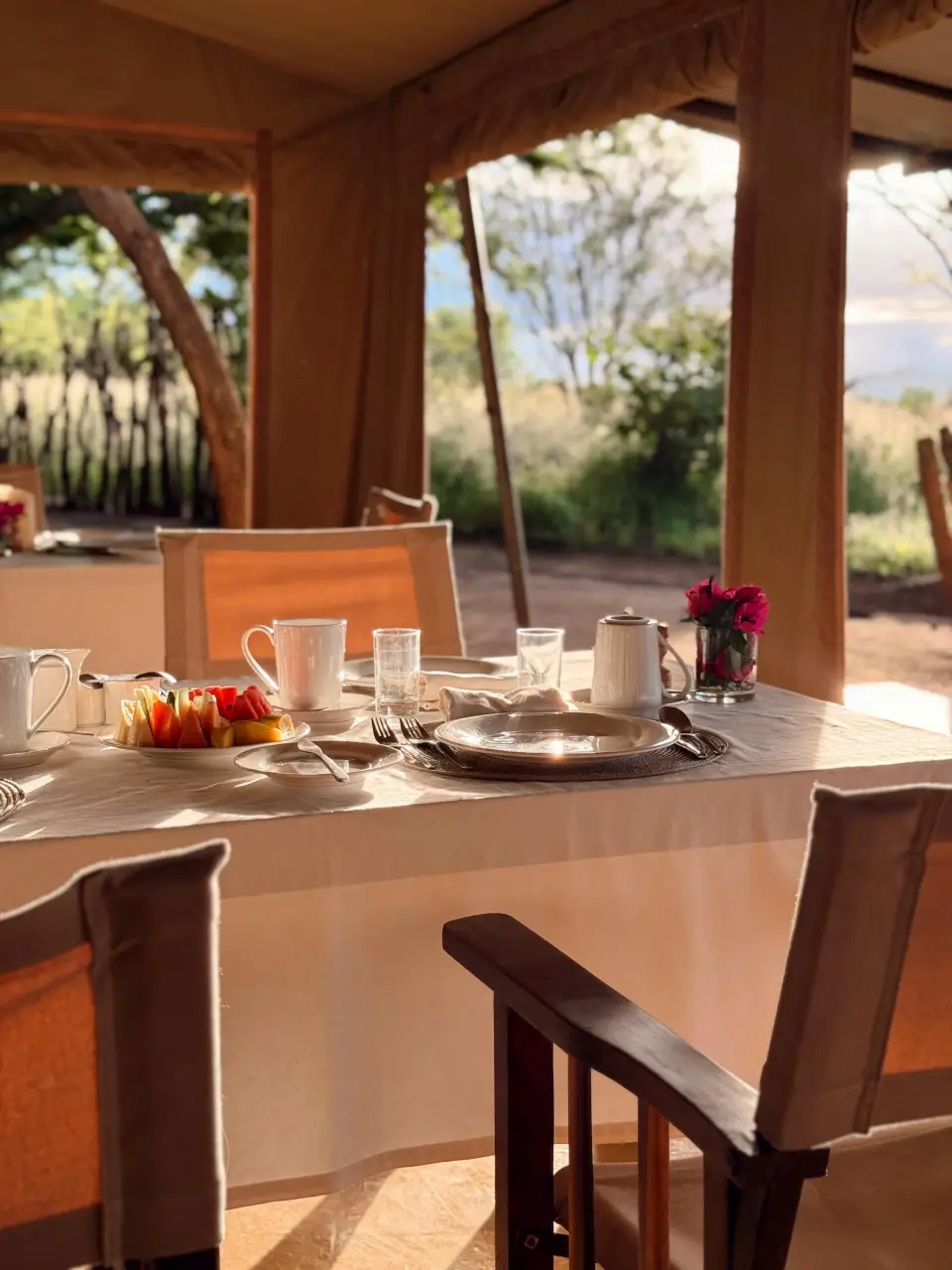 Breakfast laid on a table with fruit, coffee and cups