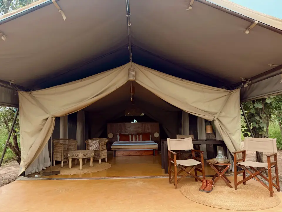 A safari tent with its canvas rolled open and chairs set out in front