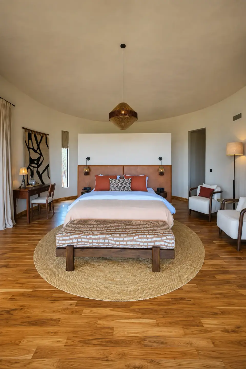A round banda bedroom with a pendant lamp and a woven rug on the wooden floor