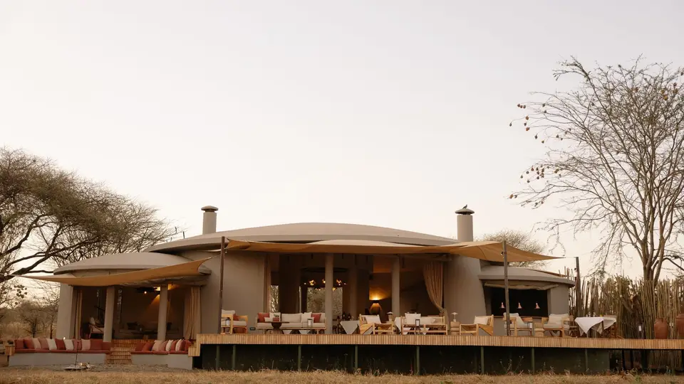 Elephants at the waterhole seen from the lodge seating
