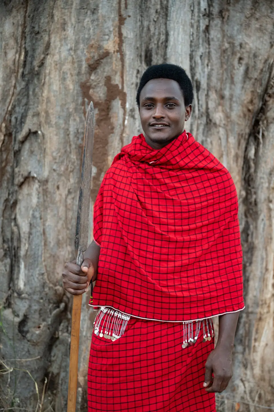 Guests walking through tall grass with a Maasai guide