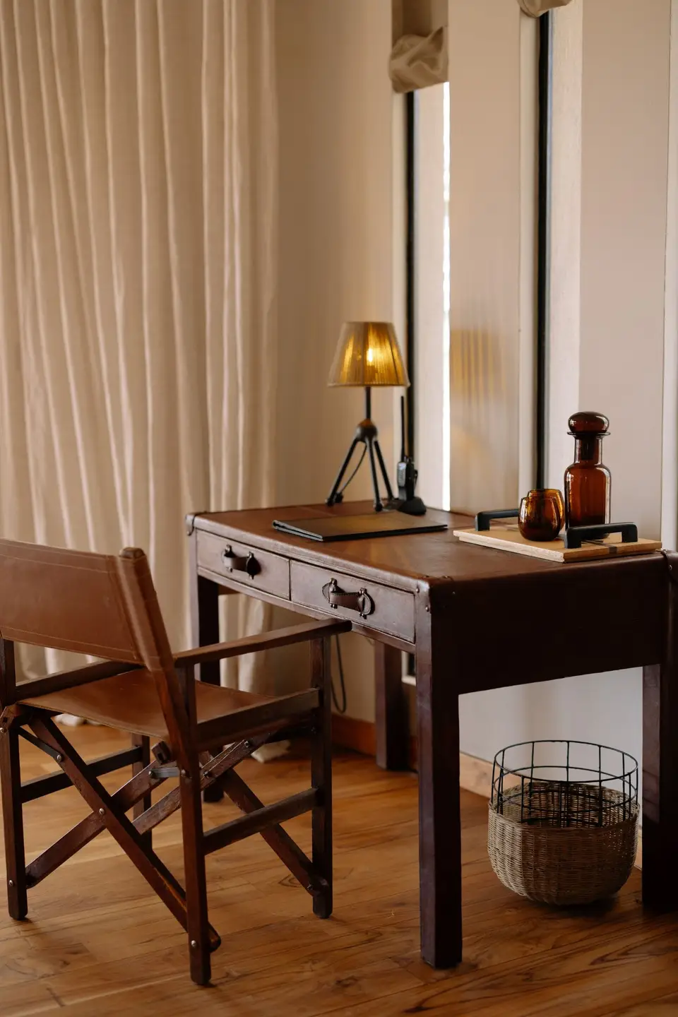 Wood, leather, and blown glass